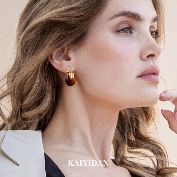 Gold Amber Resin Oval Hoop Earrings for Women - Trendy 18K Gold Plated Dangle Th - Picture 2 of 8